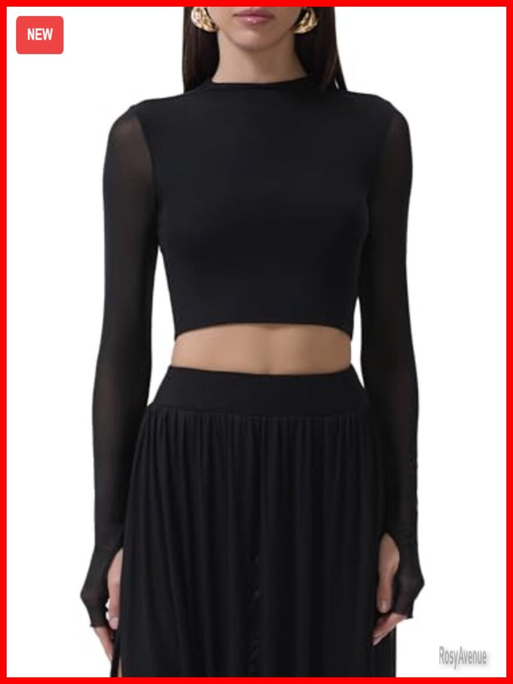 Funnel Neck Long Sleeve Crop Top Fitted Thumbhole Casual